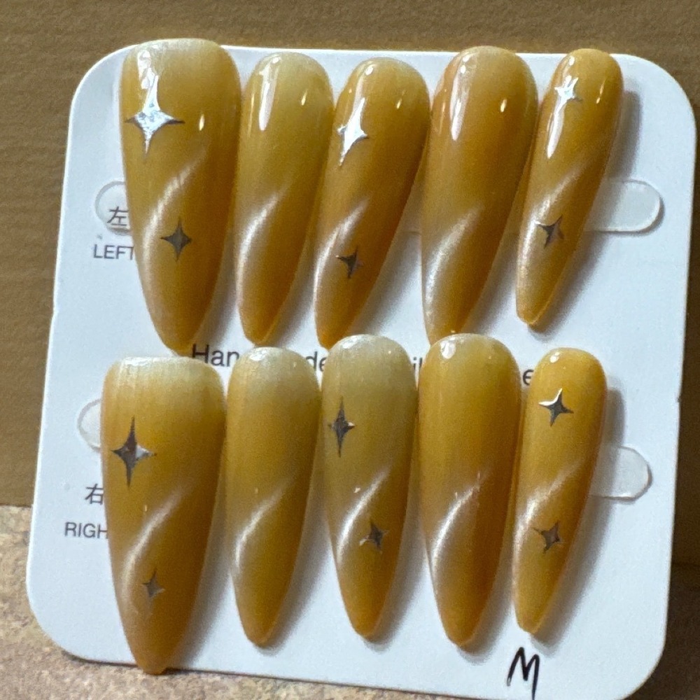 Yellow Cat Eye Press On Nails Silver Starburst Long Almond‎ Size M 10pc